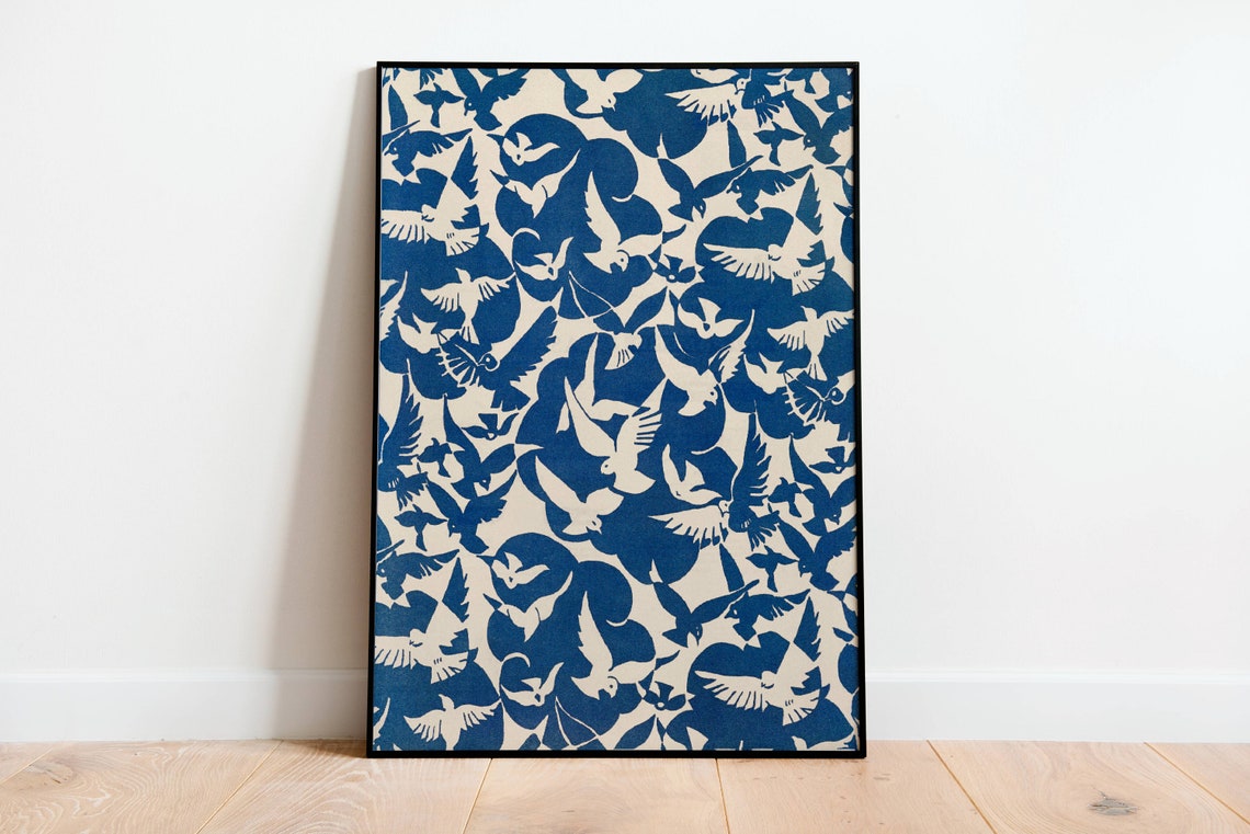 Pigeons in White and Blue, Vintage Bird Art Print