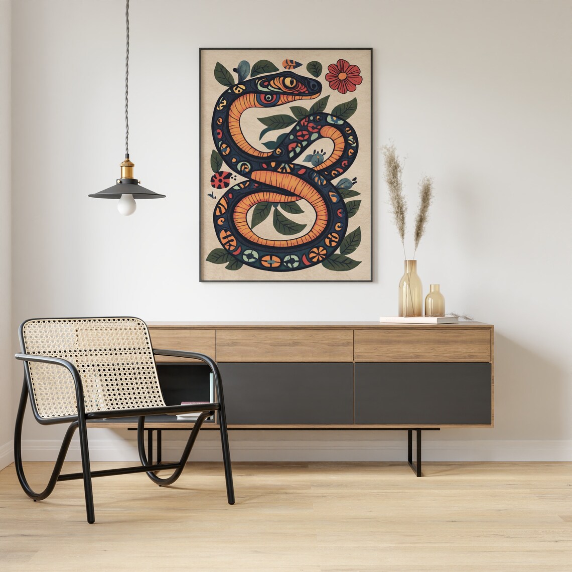 Folk Art Snake Coiled Among Colorful Flowers and Leaves Poster - Image 2