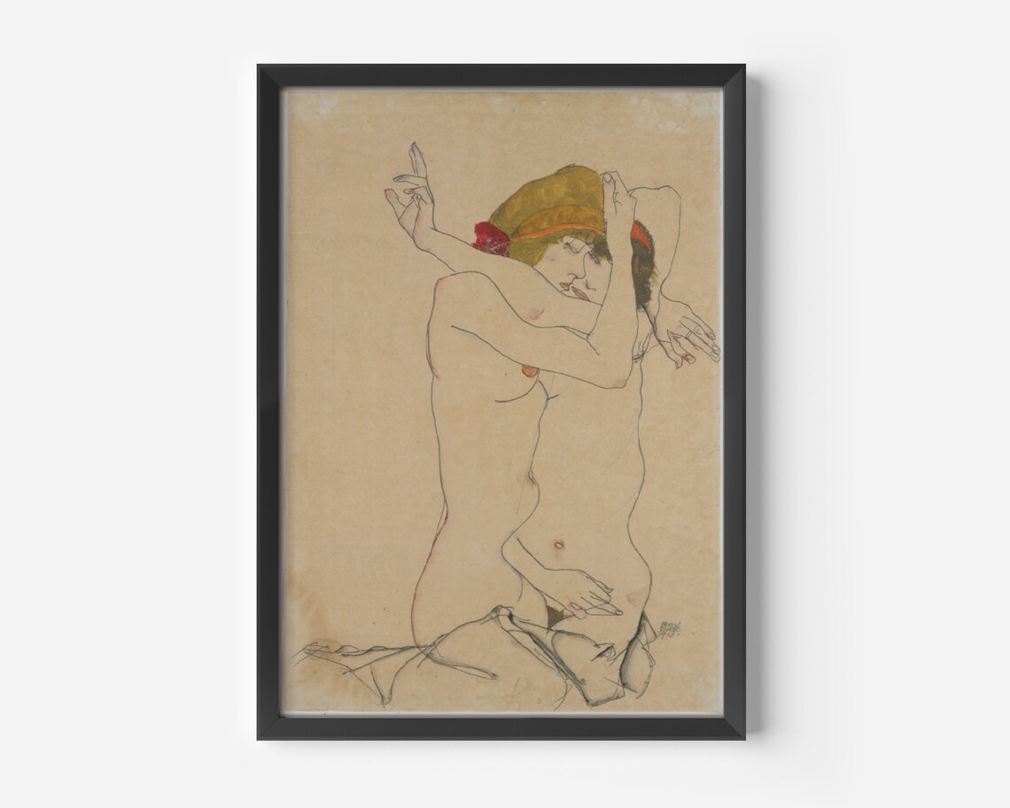 Egon Schiele Two Women Embracing 1915 Expressive Line Drawing Poster - Image 4