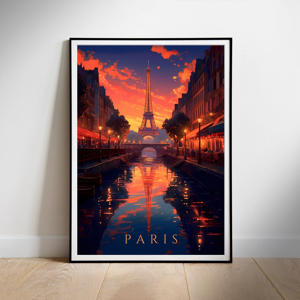 Paris Eiffel Tower Sunset Canal Golden Reflection Travel Poster