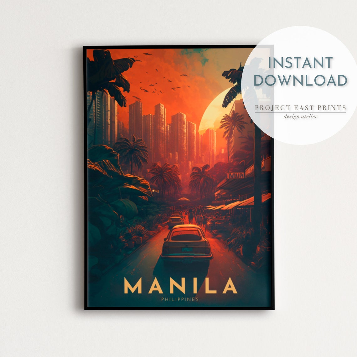 Manila Philippines Sunset Street Scene Retro City Travel Poster