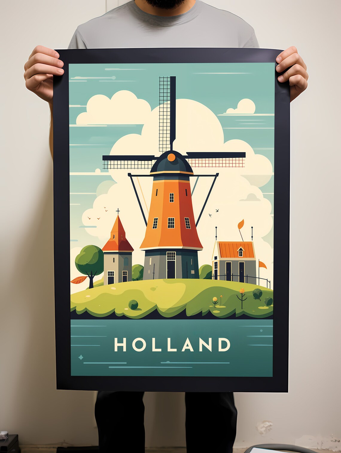Holland Dutch Windmill Village Retro Netherlands Travel Poster