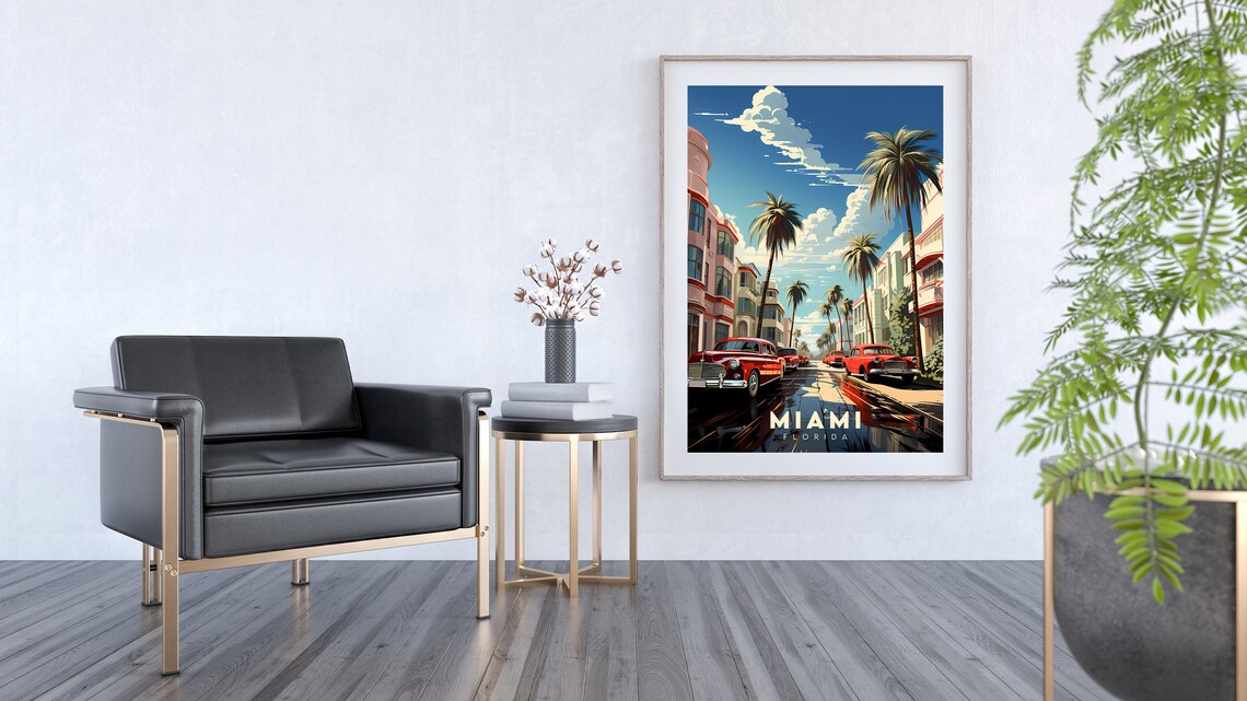 Miami Florida Ocean Drive Art Deco Classic Cars Travel Poster - Image 2