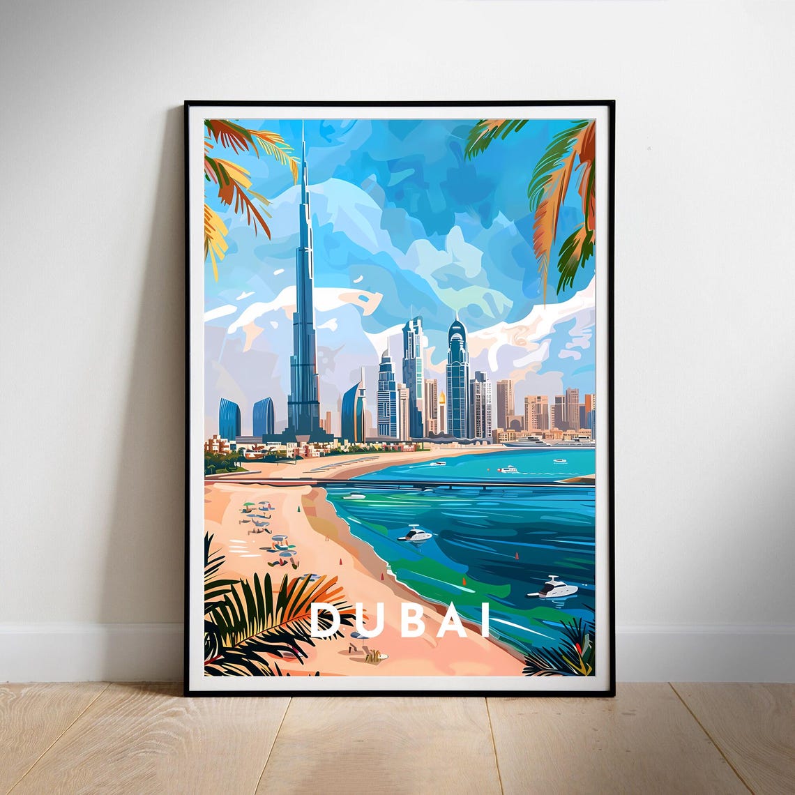 Dubai Beach Skyline Burj Khalifa Palm Trees Marina Travel Poster
