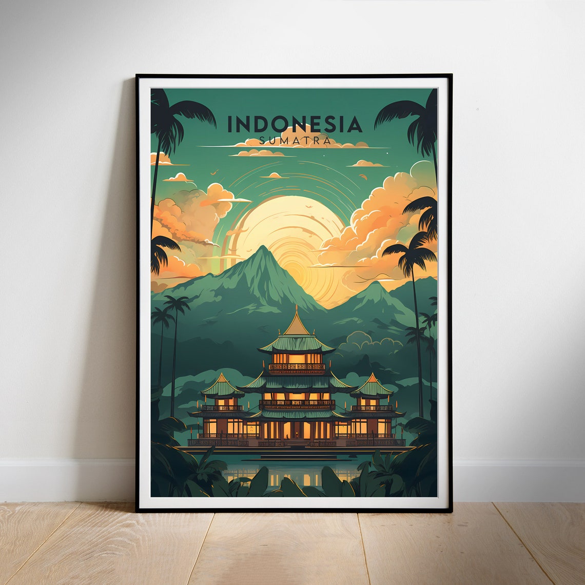 Sumatra Indonesia Volcano Temple Palms Sunset Retro Travel Poster