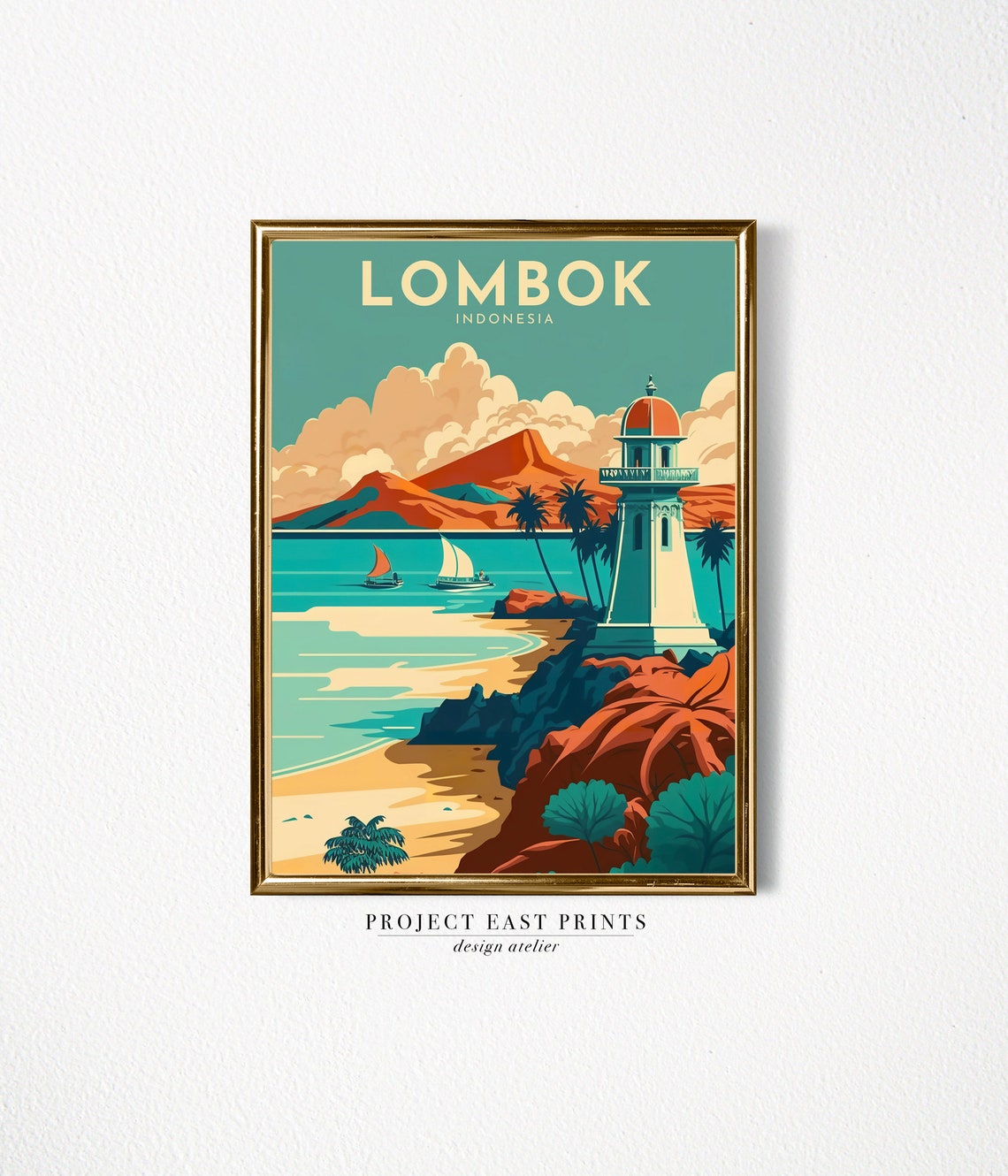 Lombok Indonesia Lighthouse Beach Sunset Vintage Travel Poster