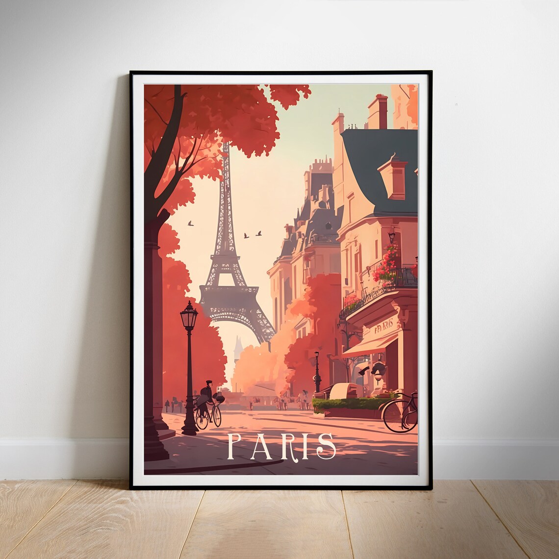 Paris France Eiffel Tower Autumn Avenue Cafe Retro Travel Poster