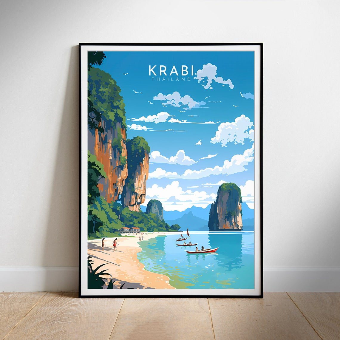 Krabi Thailand Beach Limestone Cliffs Kayaks Retro Travel Poster