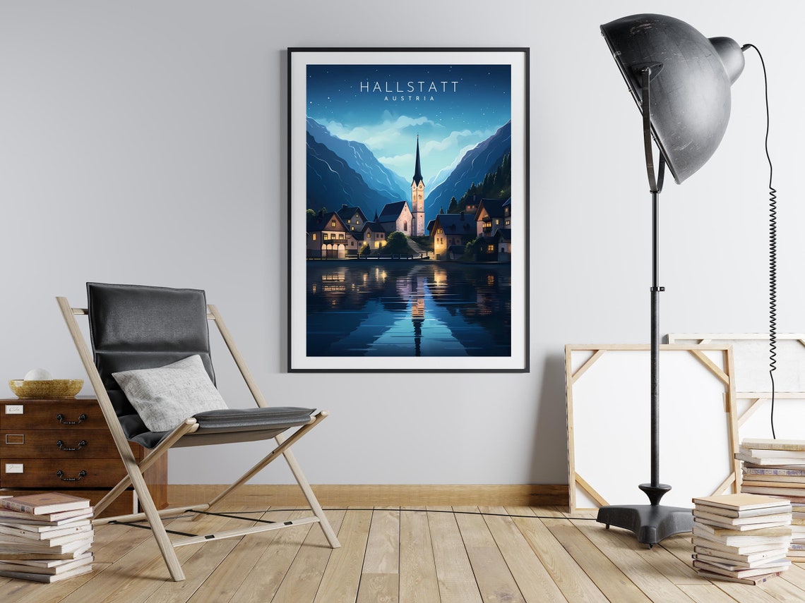 Hallstatt Austria Night Village Lake Reflection Travel Poster - Image 2