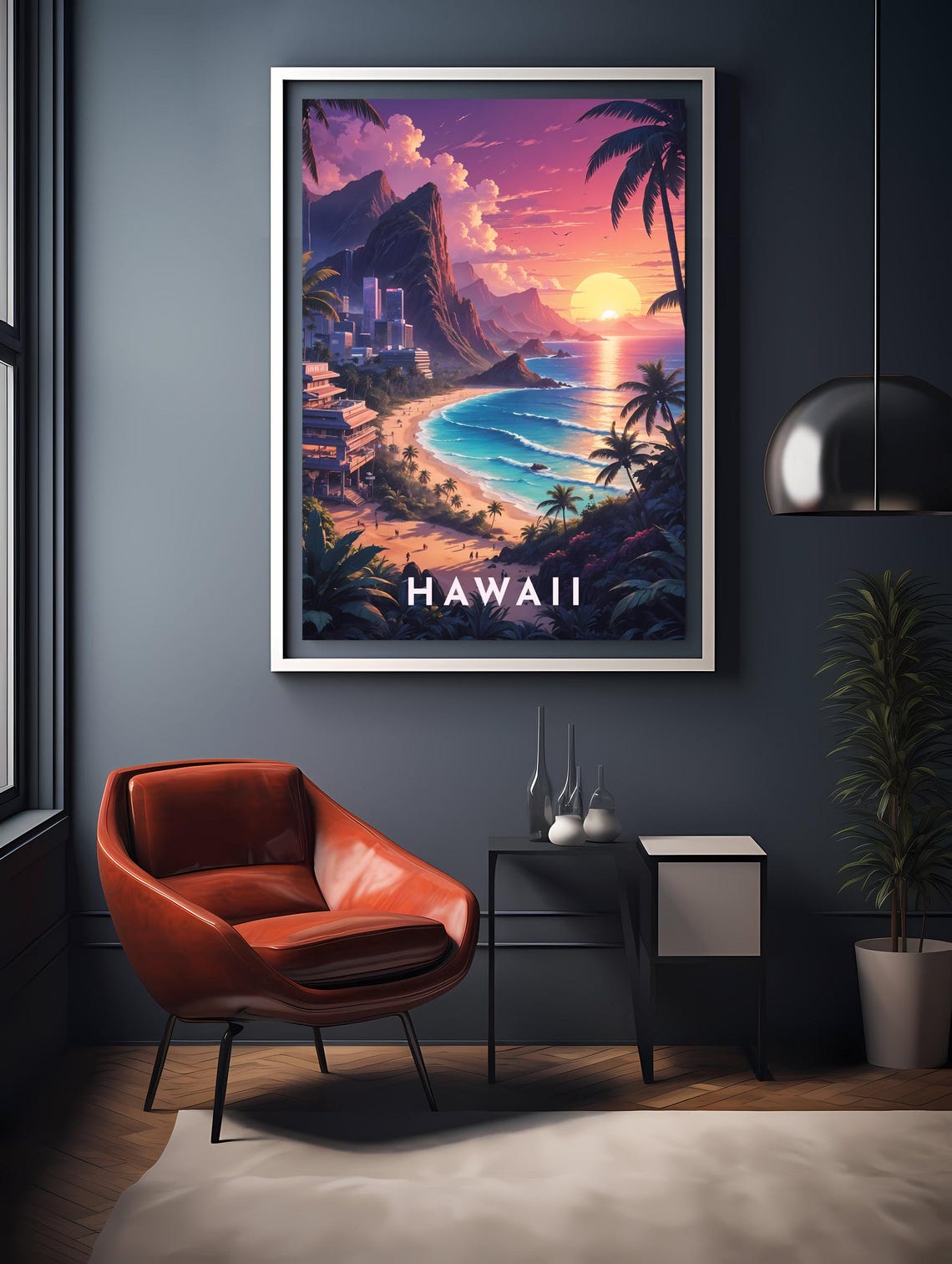 Hawaii Vibrant Sunset Beach Palms City Coastline Travel Poster - Image 2