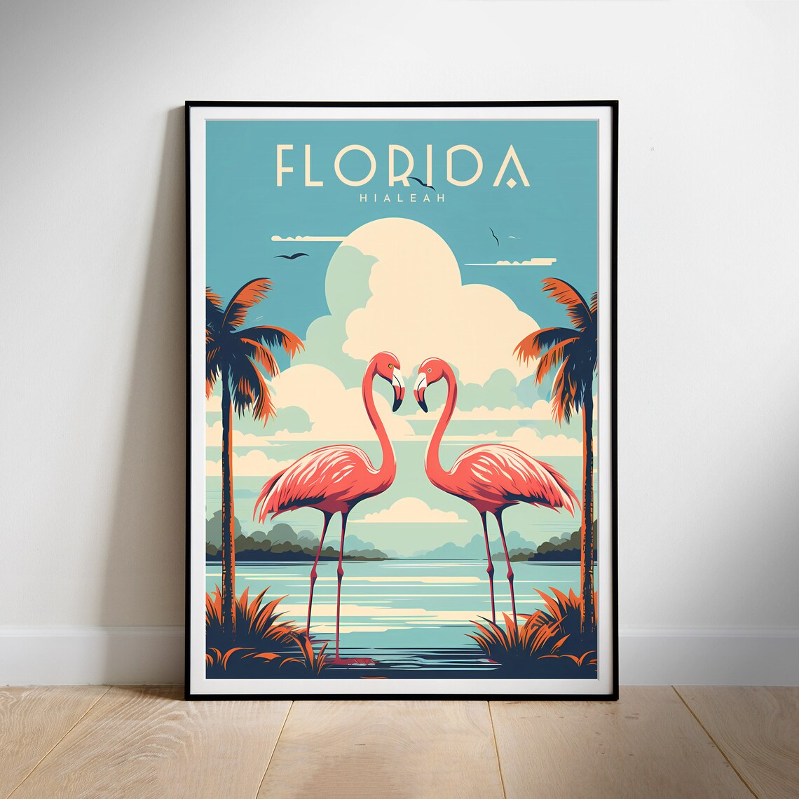 Florida Flamingo Pair Retro Travel Poster Hialeah Sunset Scene Art