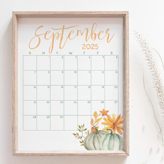 September 2025 Calendar Green Pumpkins Wood Frame Rustic Planner