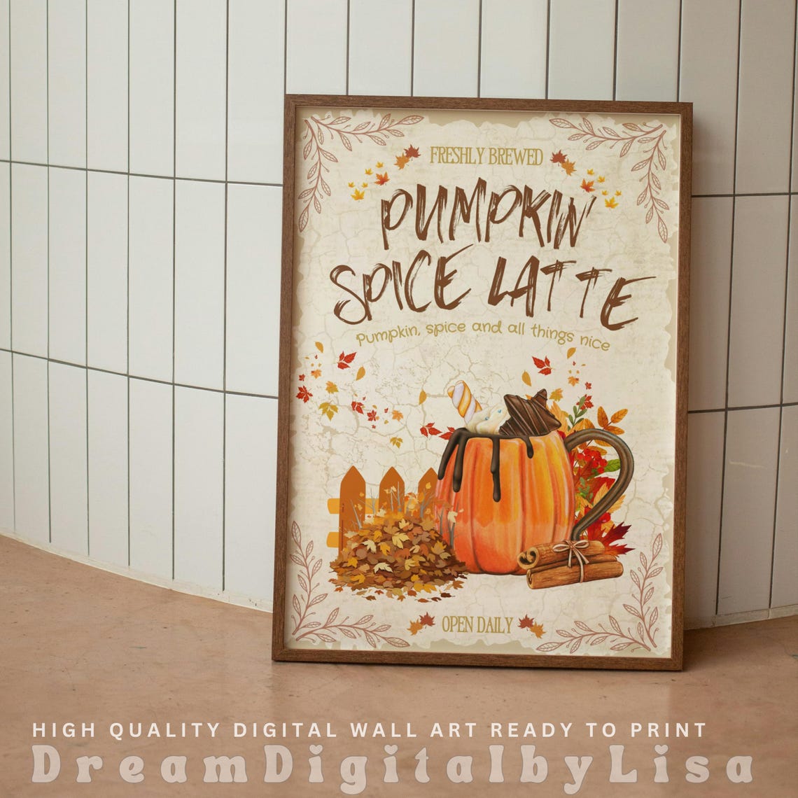 Freshly Brewed Pumpkin Spice Latte Poster Autumn Coffee Shop Sign Art - Image 2