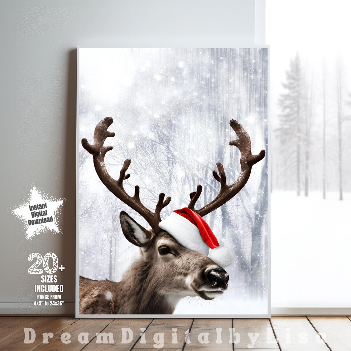 Reindeer Wearing Santa Hat in Snowy Forest Christmas Art Poster