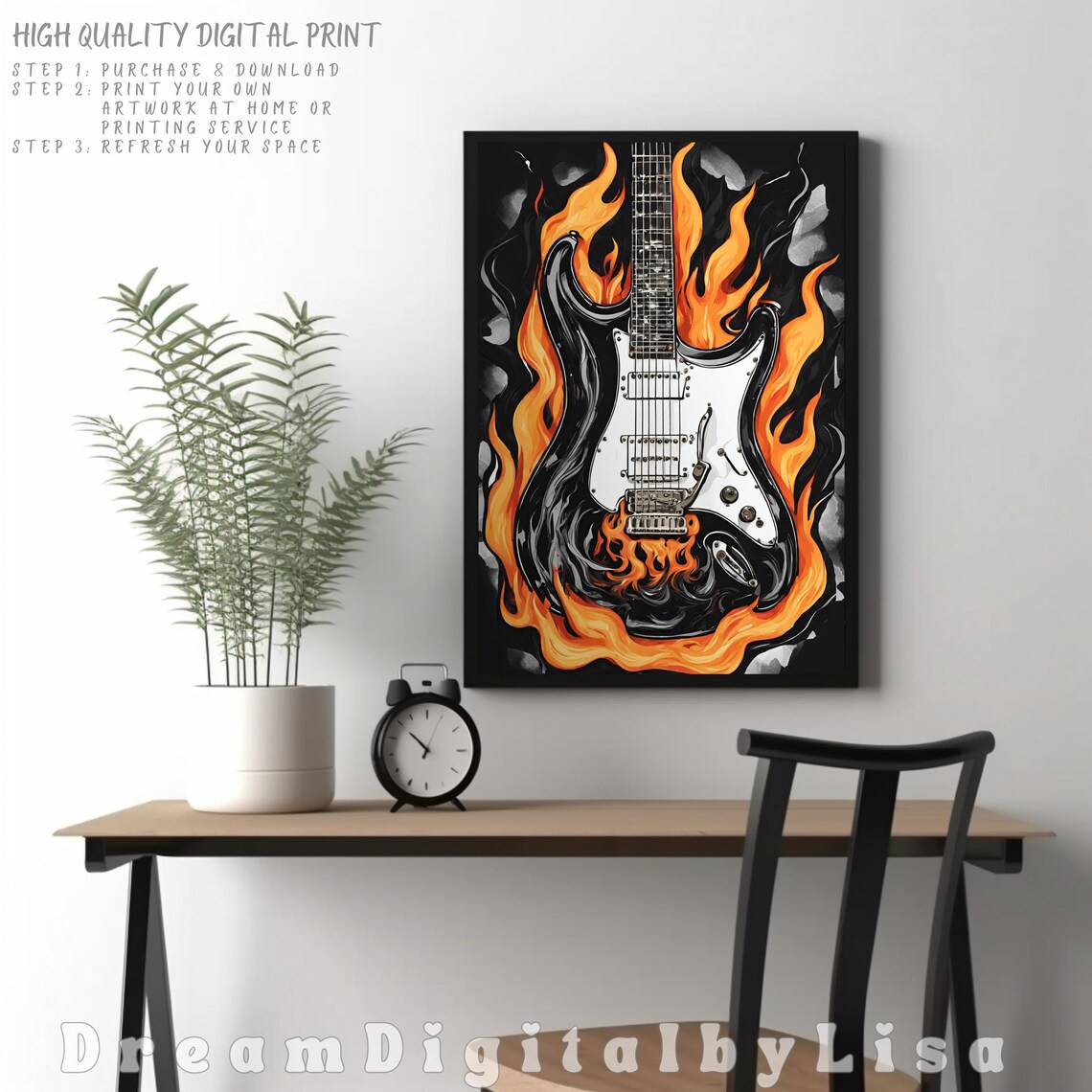 Flaming Electric Guitar Poster Rock Fire Music Guitar Player Artwork - Image 4