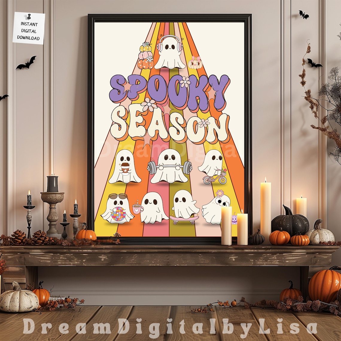 Spooky Season Cute Ghost Friends Retro Rainbow Halloween Poster