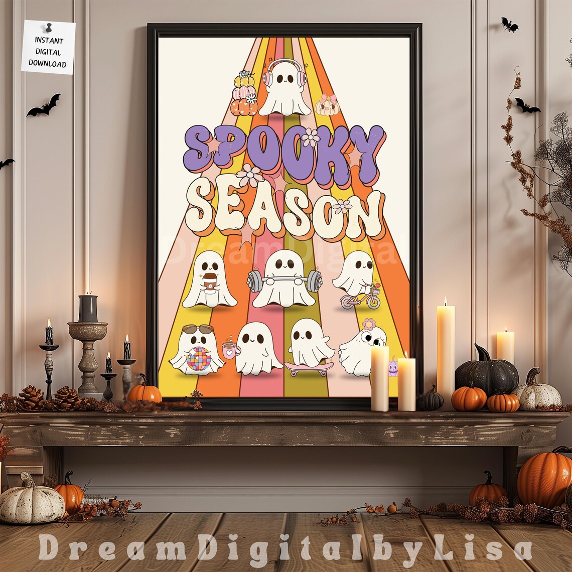 Spooky Season Cute Ghosts Print Retro Halloween Vintage Ghost Retro Poster Autumn Fall Print Whimsical Ghosts A4 A3 Instant