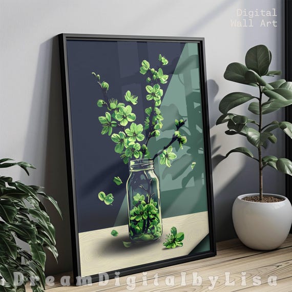 Sage Green Abstract Zen Office Decor, Modern Floral Art