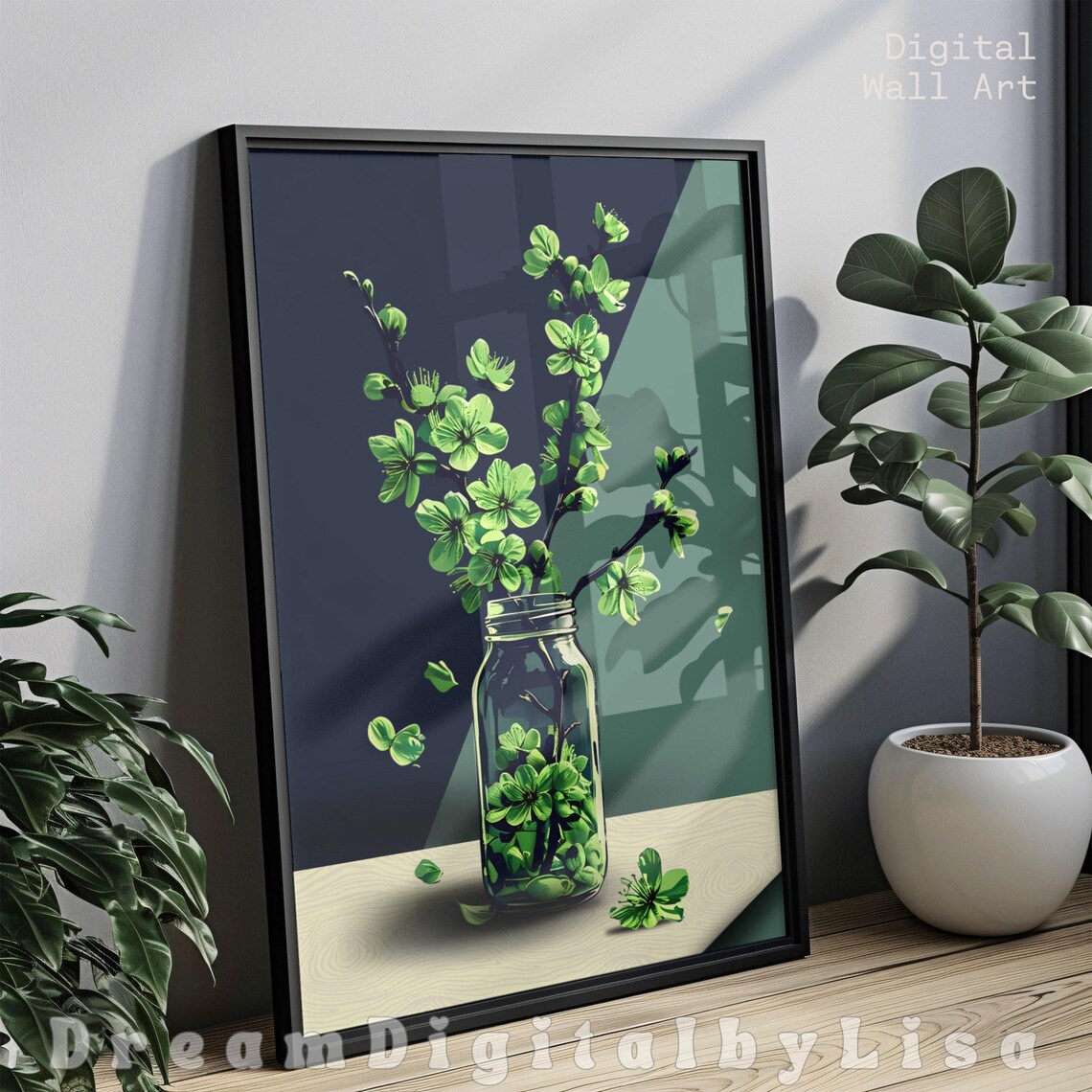 Sage Green Abstract Zen Office Decor, Modern Floral Art