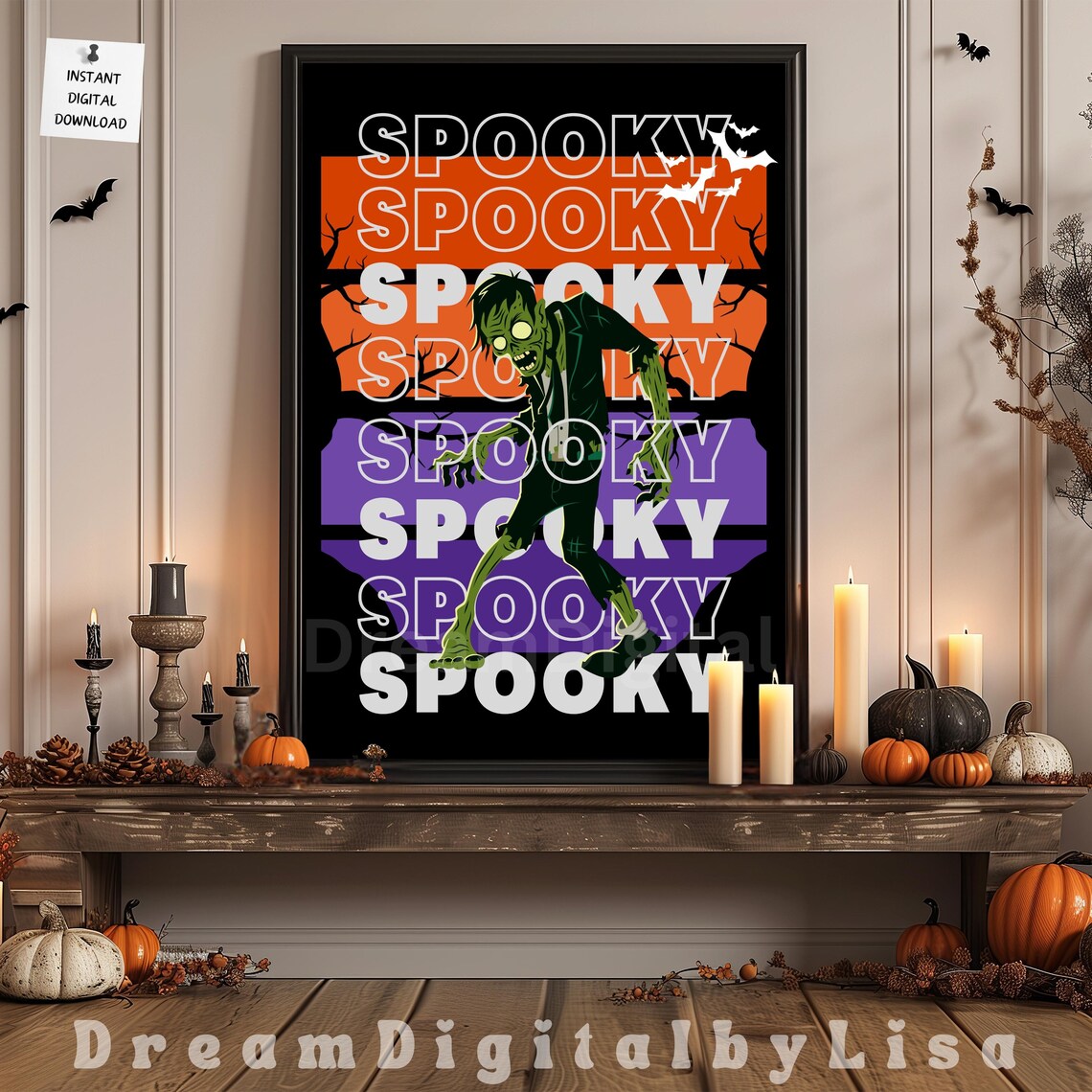 Spooky Zombie Halloween Poster Green Zombie Retro Sunset Horror Art