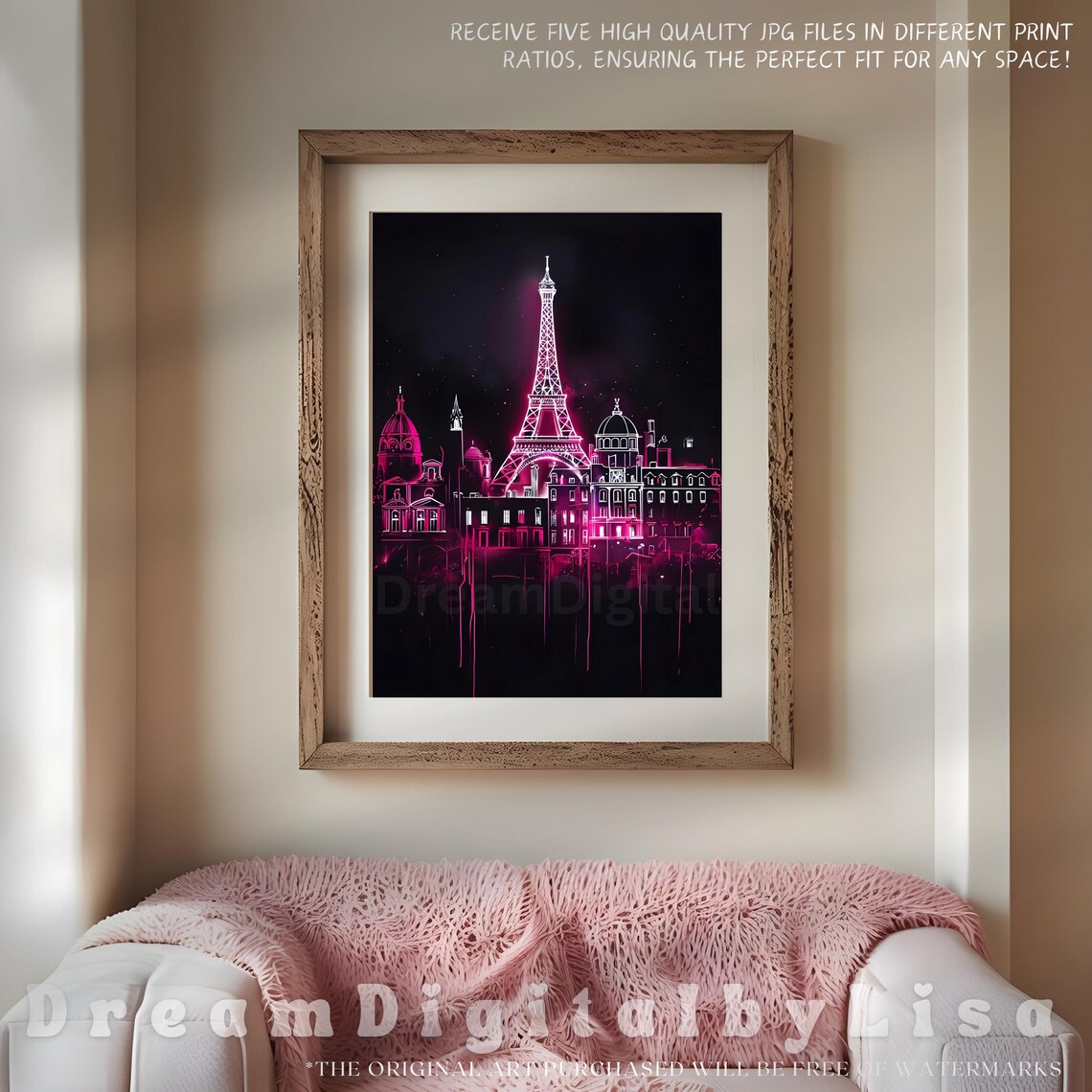 Neon Pink Eiffel Tower Paris Skyline at Night City Art Poster - Image 4
