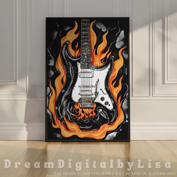 Flaming Electric Guitar Poster Rock Fire Music Guitar Player Artwork