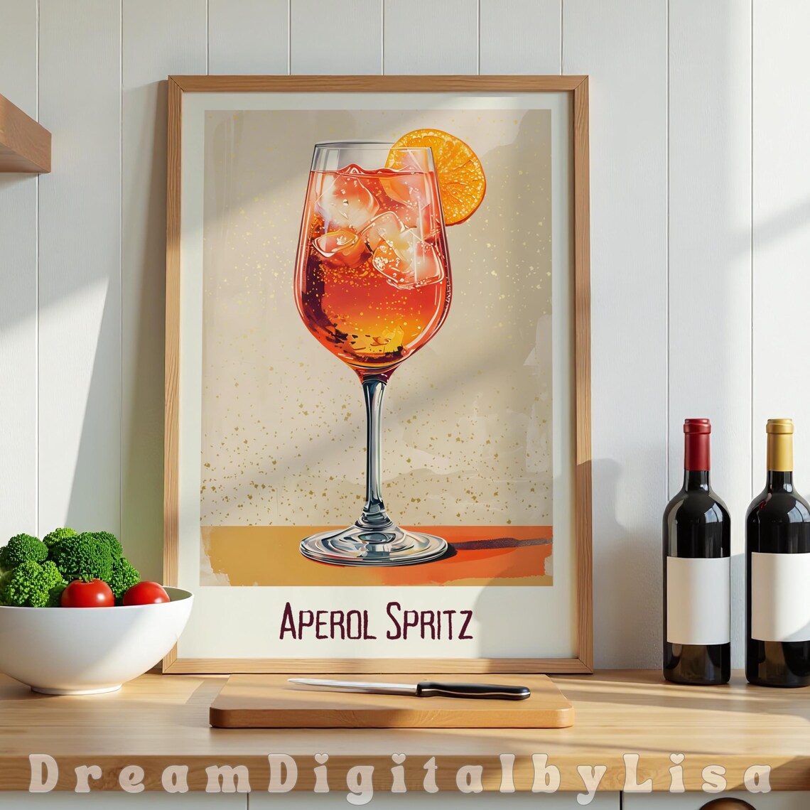 Aperol Spritz Vintage Cocktail Illustration, Bar Cart Decor