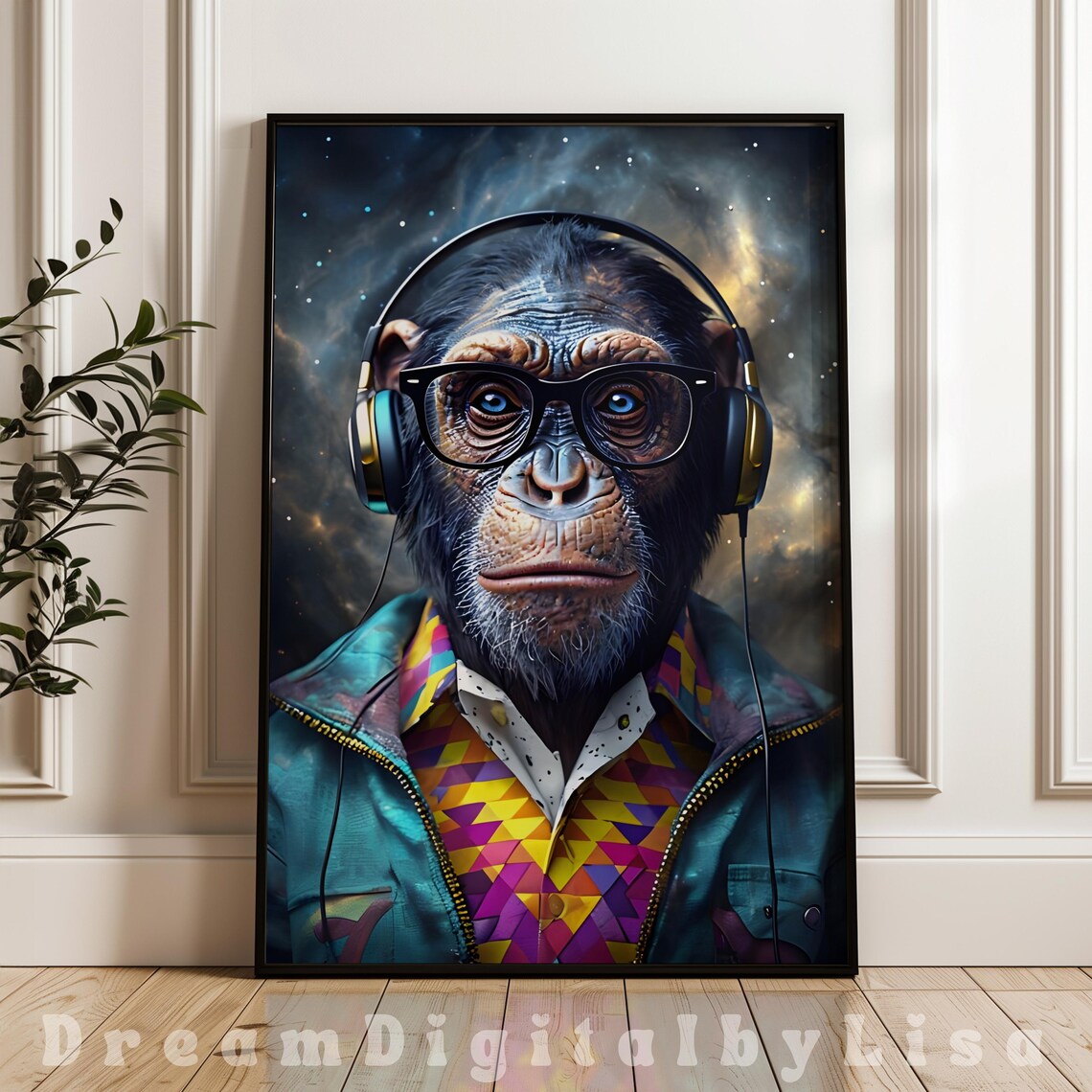 Whimsical Chimpanzee Wearing Headphones Art Print