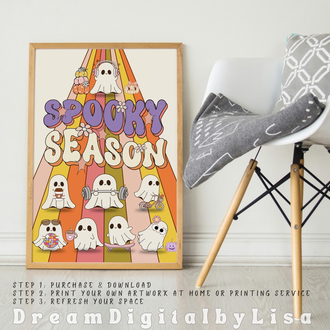 Spooky Season Cute Ghosts Print Retro Halloween Vintage Ghost Retro Poster Autumn Fall Print Whimsical Ghosts A4 A3 Instant - Image 2