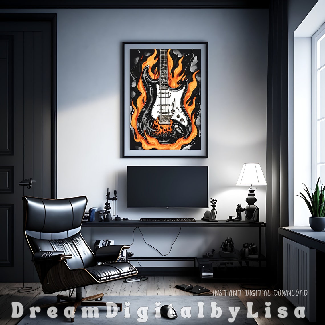 Flaming Electric Guitar Poster Rock Fire Music Guitar Player Artwork - Image 3