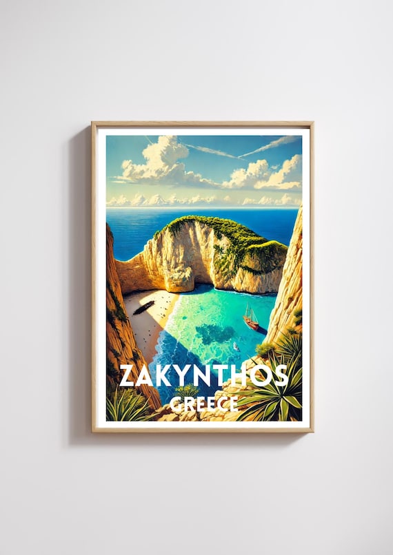 Zakynthos Greece Travel Poster Navagio Beach Wall Art Print Greek Island Decor Shipwreck Cove Poster Coastal Landscape Holidaytravel Gift