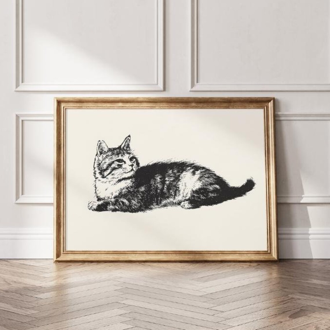 Reclining Tabby Cat Fine Ink Sketch Minimal Black and White Cat Art Poster