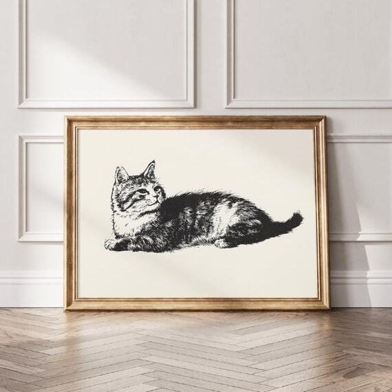 Reclining Tabby Cat Fine Ink Sketch Minimal Black and White Cat Art Poster