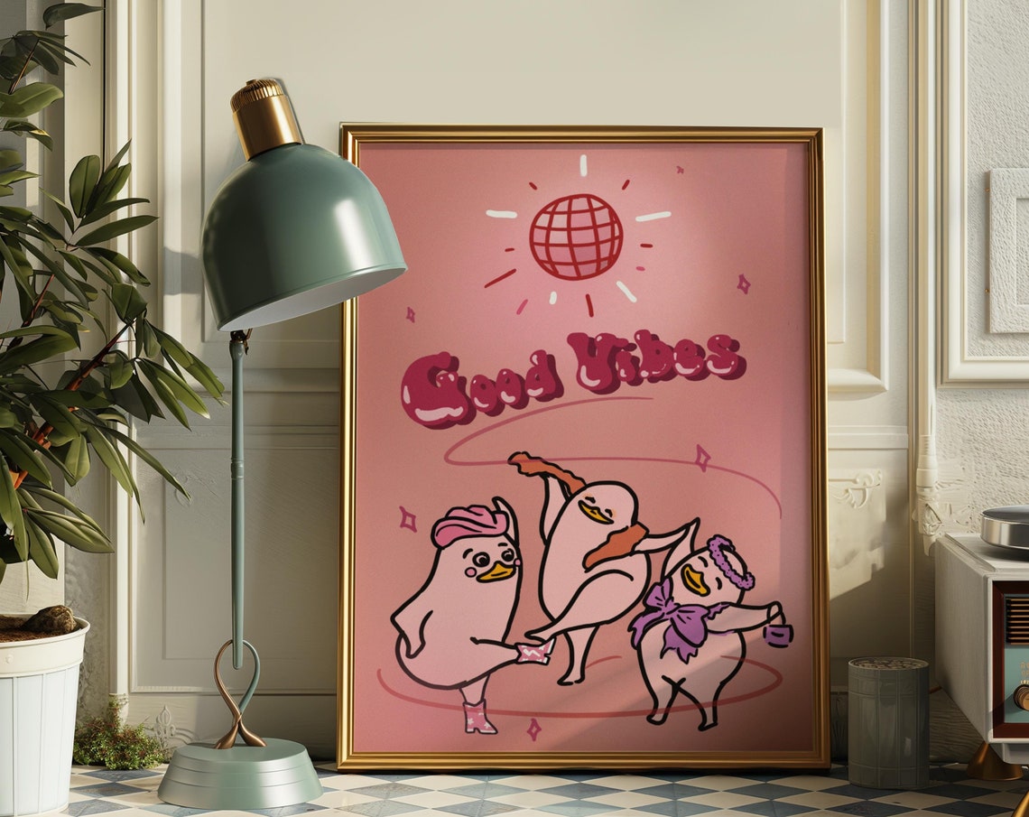 Good Vibes Dancing Ducks Poster Fun Retro Pink Disco Party Wall Decor