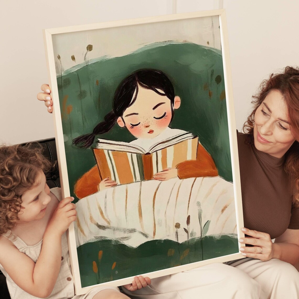 Girl Reading Book In Bed Cozy Green Watercolor Bookish Nursery Poster