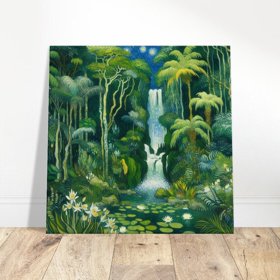 Verdant Cascade Waterfall in Lush Rainforest With Lily Pond Poster