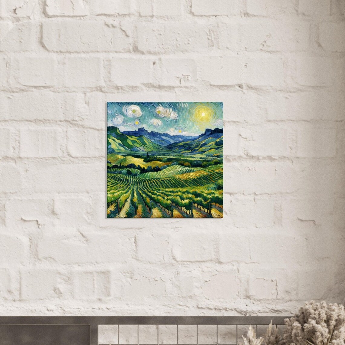 Golden Vineyard Rows Mountain Horizon Sun Swirl Van Gogh Art Poster - Image 2