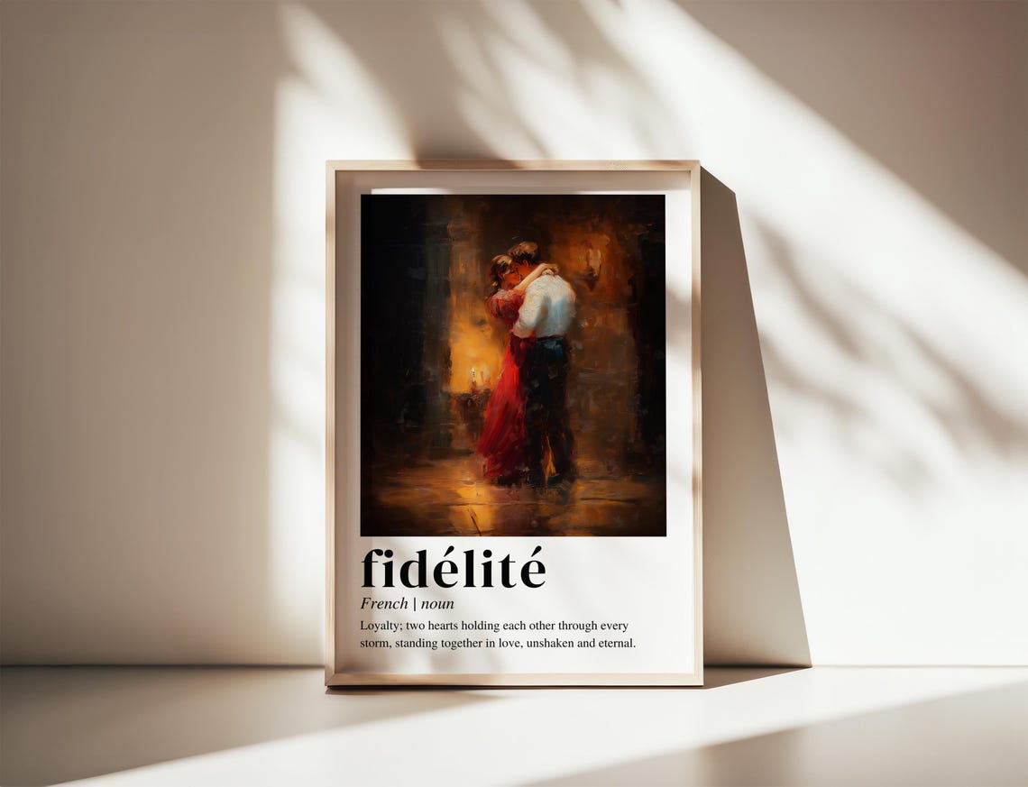 Fidélité French Word Art Romantic Couple Embrace Definition Poster