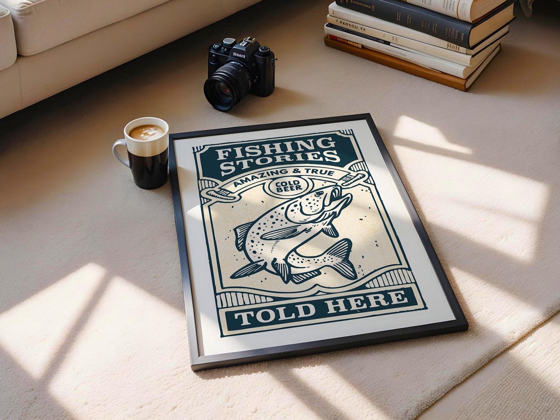 Fishing Stories Told Here Cold Beer Vintage Trout Cabin Poster - Image 2