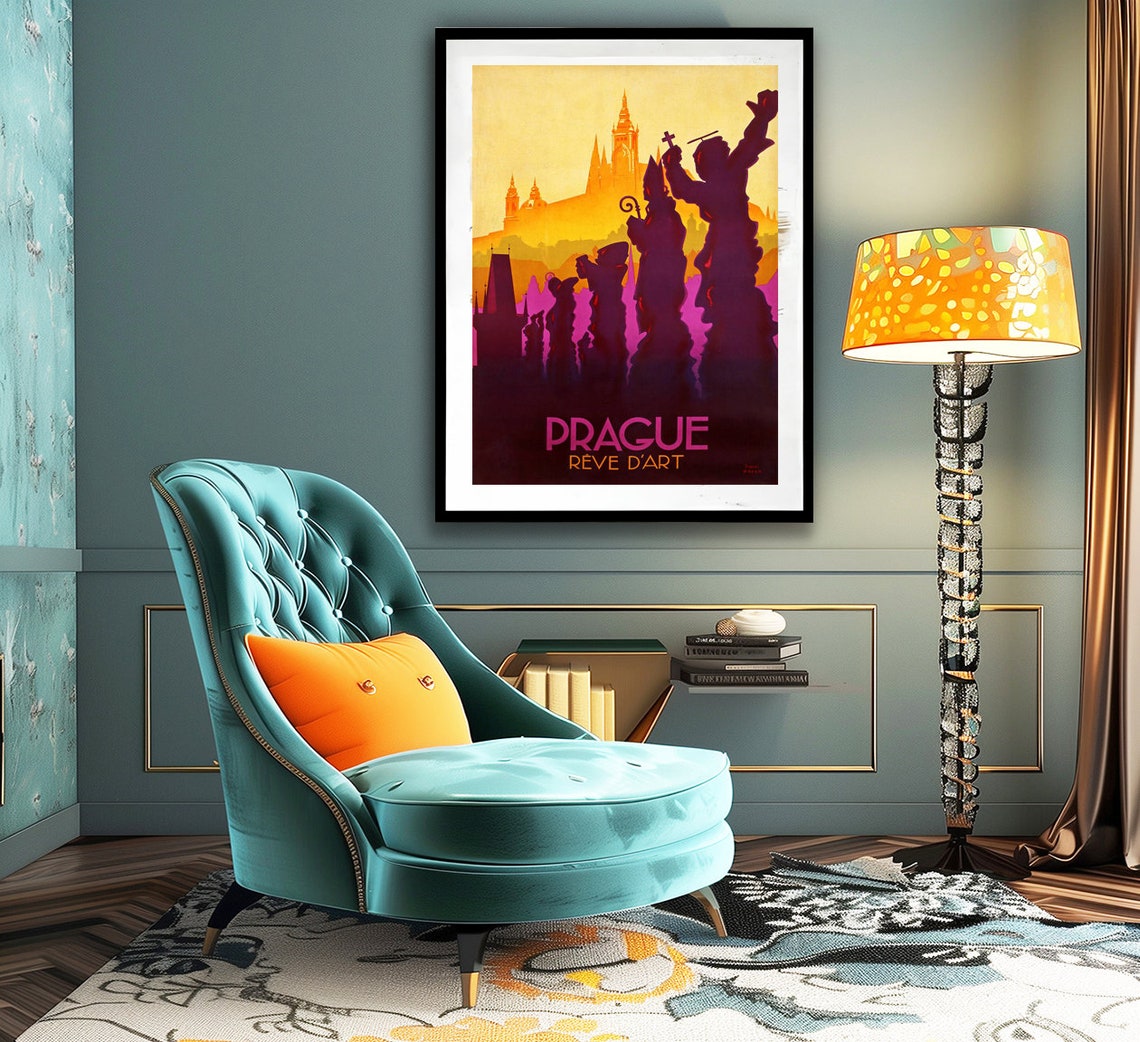 Prague Reve dArt Charles Bridge Saints Vintage Art Deco Travel Poster - Image 2