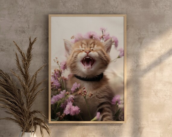 Orange Kitten Wall Art With Floral Crown Baby Cat Print Girls Bedroom Decor Nursery