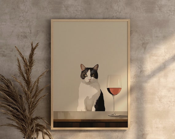 Grey And White Cat Art Print, Funny Wine Lover