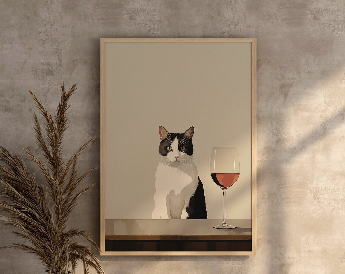 Grey And White Cat Art Print, Funny Wine Lover
