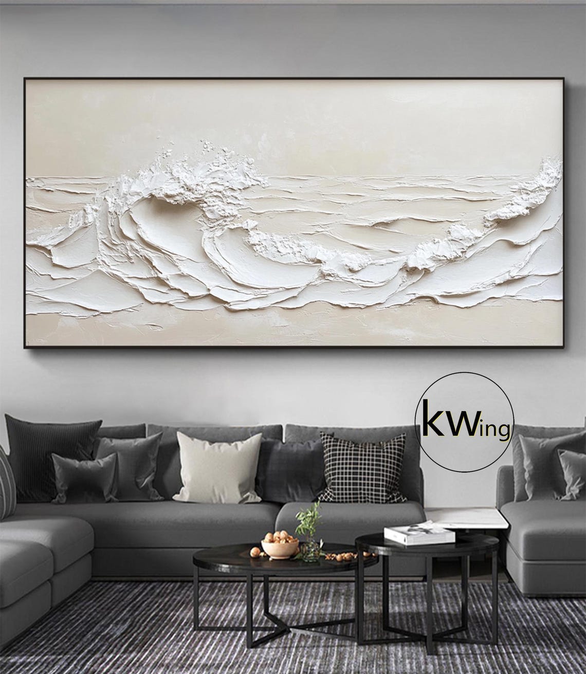 White Minimalist Ocean Wave Crest 3D Texture Painting Panoramic Poster - Image 2