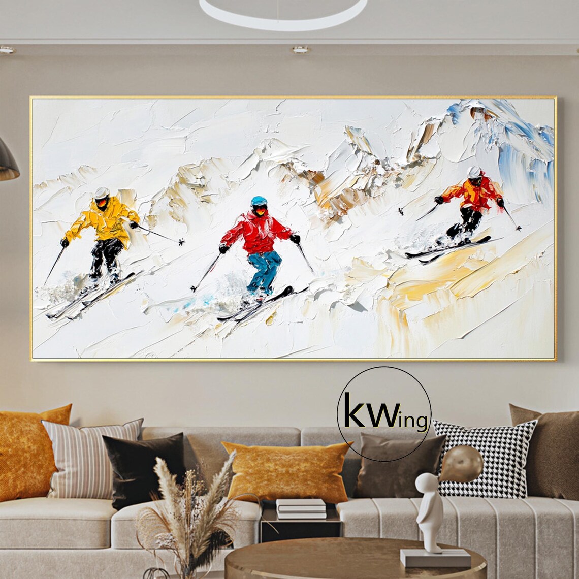 Three Skiers Downhill Snowy Mountain Palette Knife Oil Painting Poster - Image 2