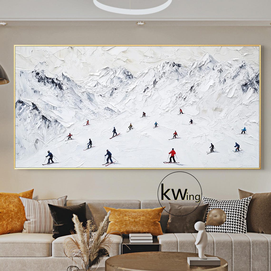 Original Ski Sport Painting On Winter Snowy Landscape Wall Art Modern Minimalist Painting White Skiers Art Living Room Wall Art Decor - Image 2