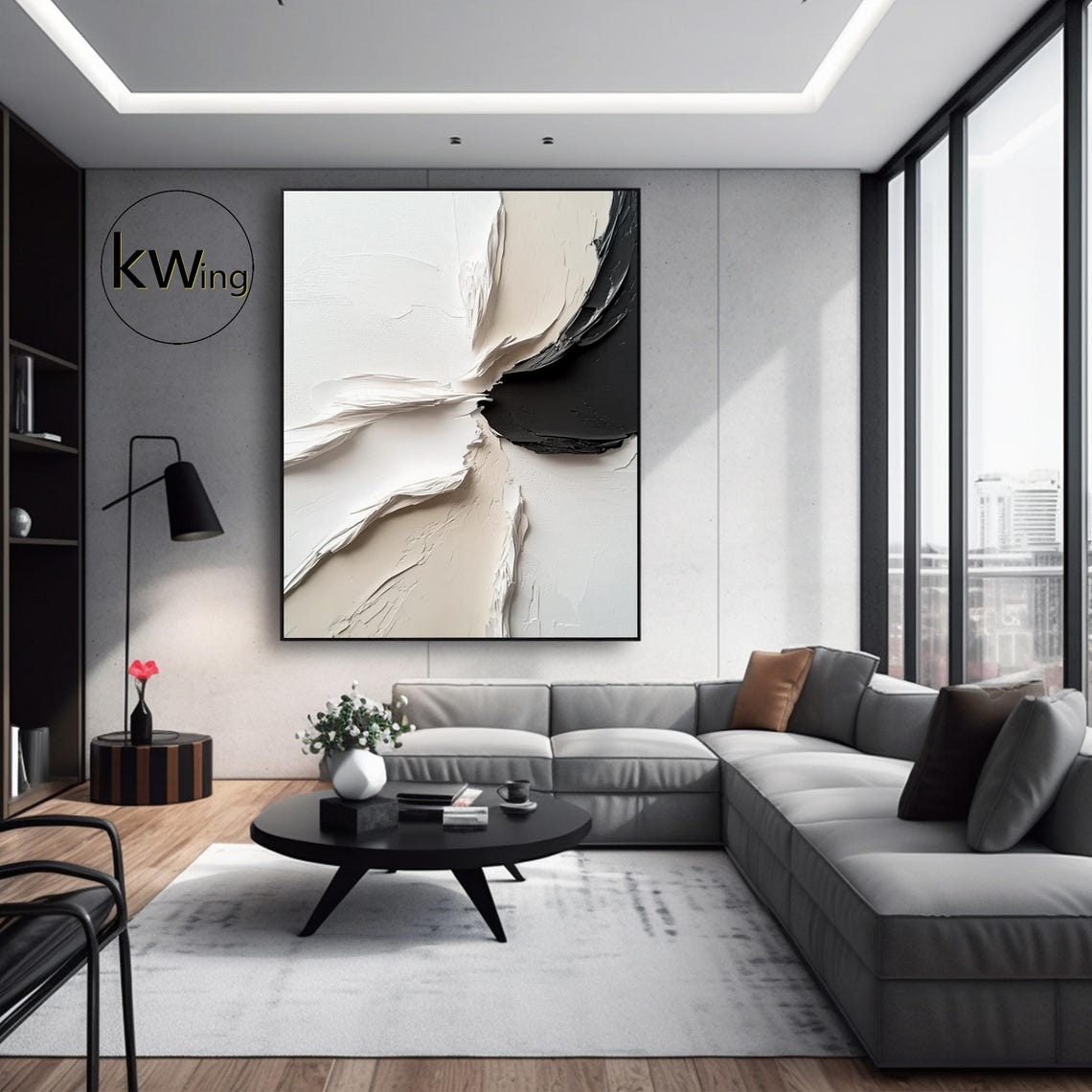 White Beige Black Abstract Brushstroke 3D Texture Painting Art Poster - Image 2