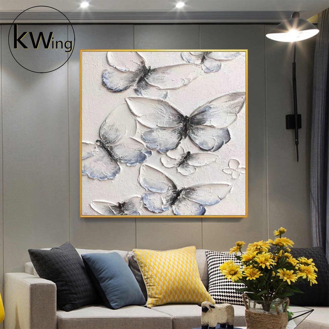 White Blue Butterfly 3D Texture Abstract Painting Square Modern Poster - Image 2