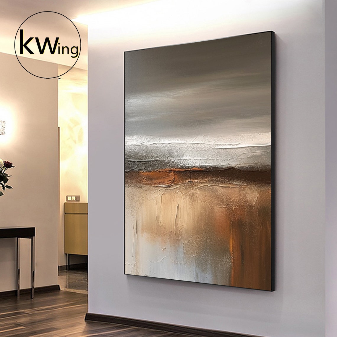 Gray Bronze Sunset Over Water Abstract Landscape Textured Art Poster - Image 4