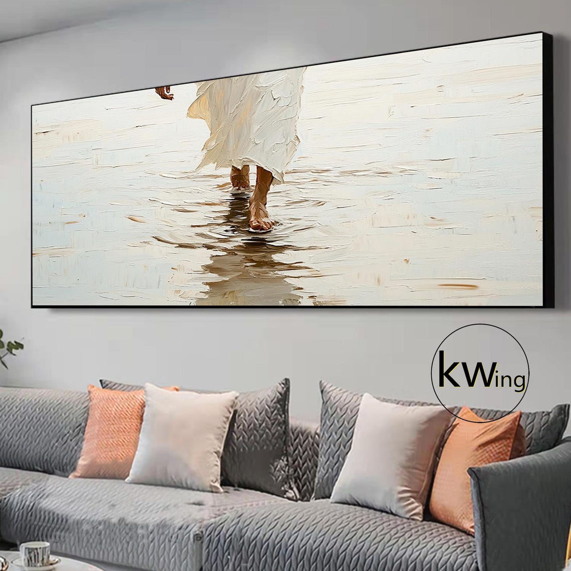 Jesus Walking on Water Minimalist Beige Textured Faith Art Poster - Image 3